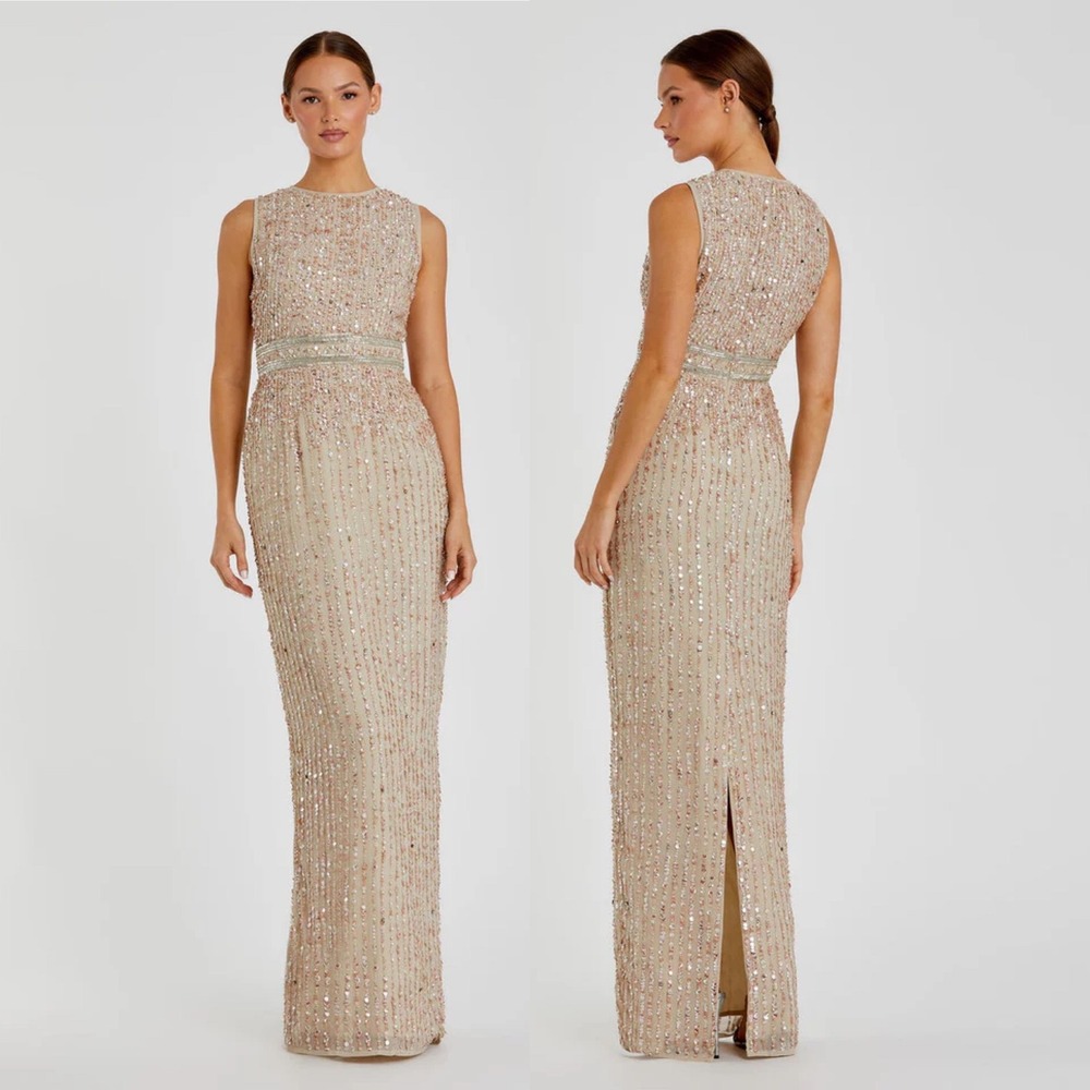 Mac Duggal 93603 Nude Beaded Sequin Sleeveless Column Evening Gown Dress 10